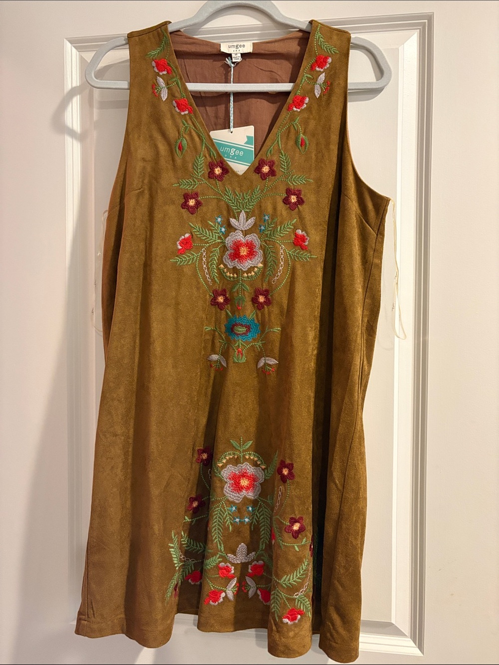 Umgee Brownish Tan Suede-Look Embroidered V-Neck Mini Dress